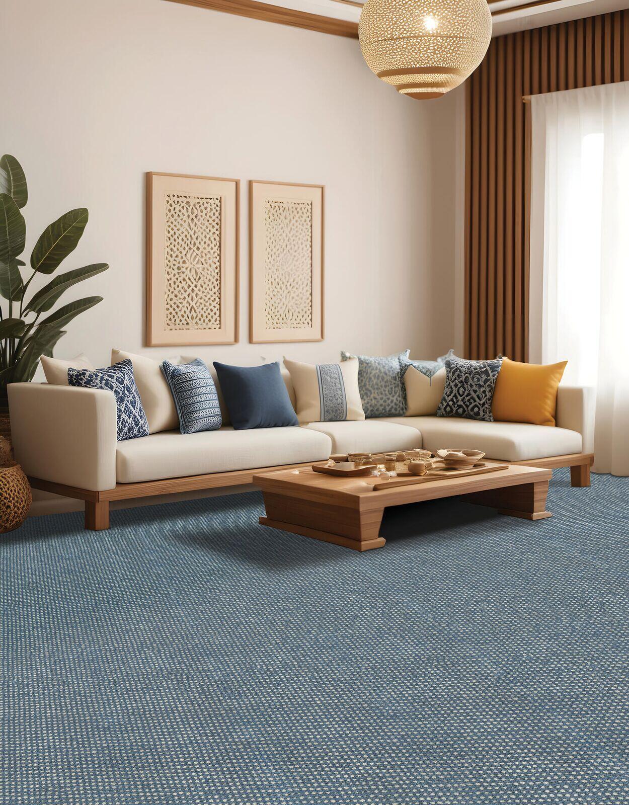 Blue Berber loop carpet — island-style living room