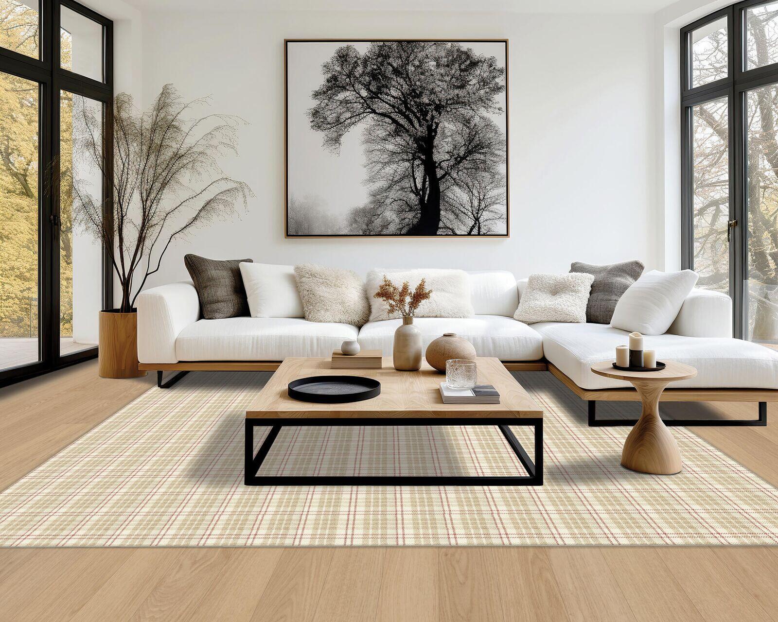 Plaid pattern carpet — contemporary open-plan living