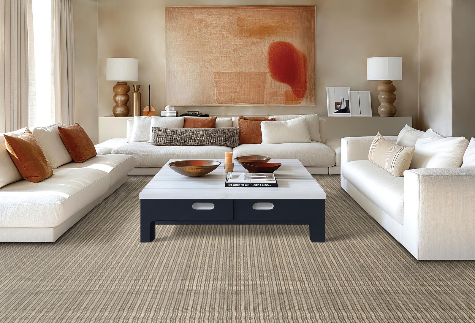 Textured stripe carpet — warm open living space