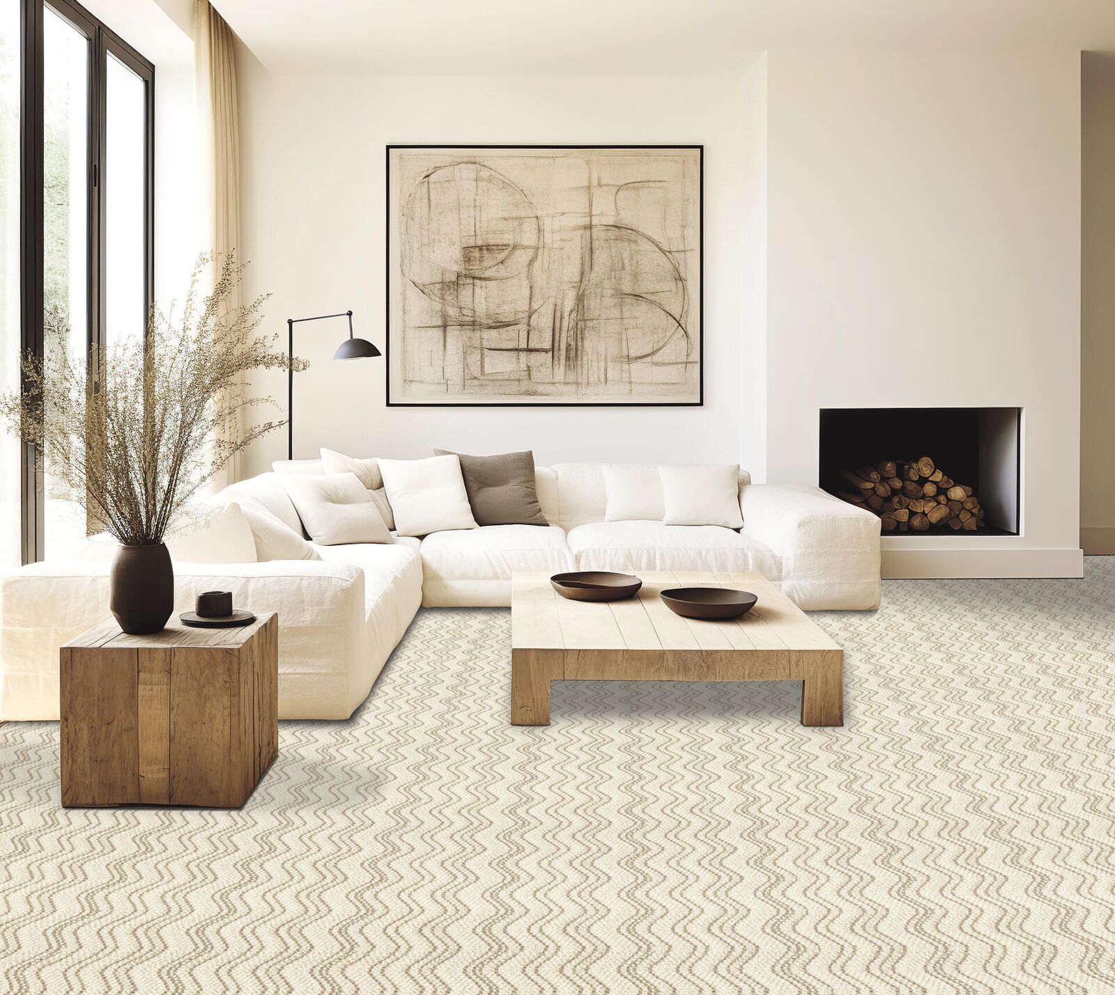 Wave-pattern carpet — minimalist living room