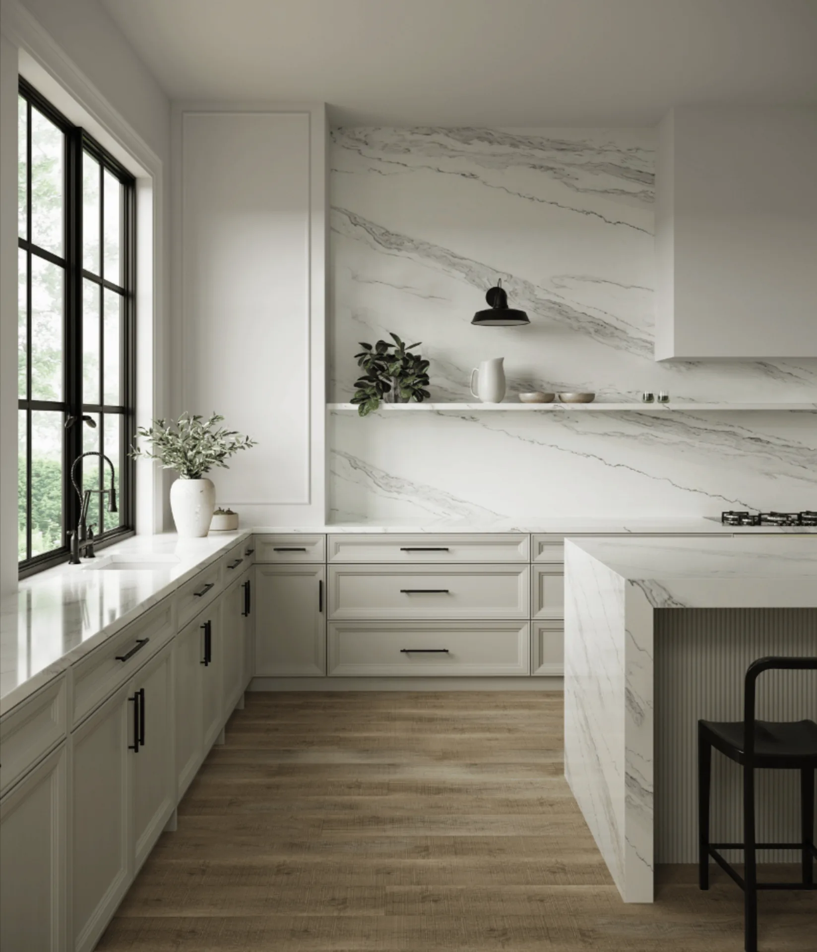 Calacatta Croccante — full-height marble slab backsplash kitchen