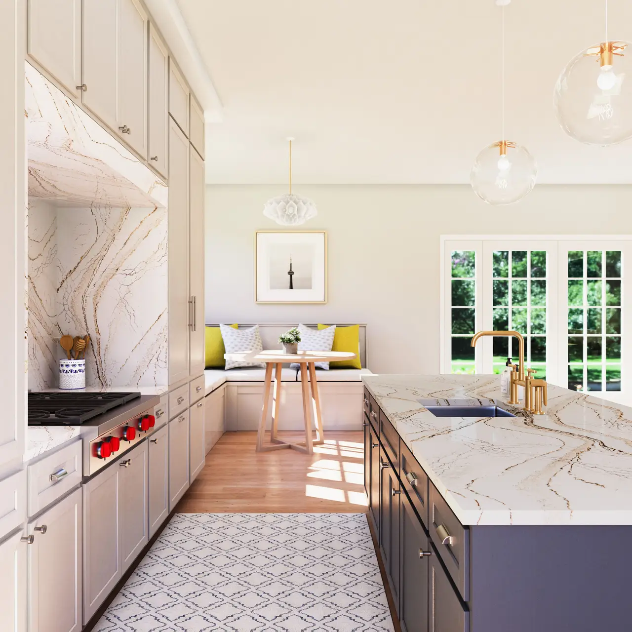 Cambria Clovelly — gold-veined quartz with banquette kitchen