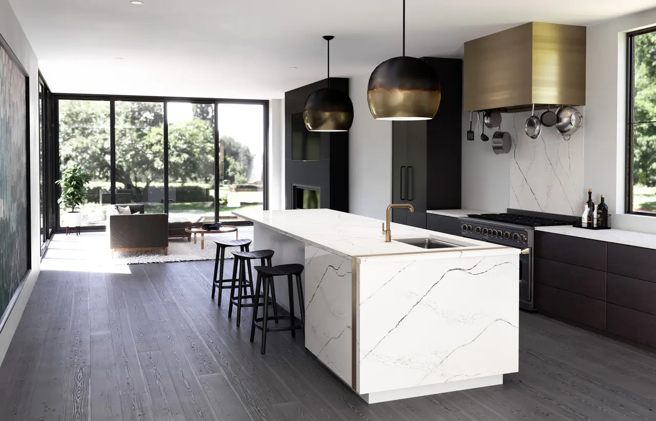 Cambria Gladstone — sleek white quartz in modern dark kitchen