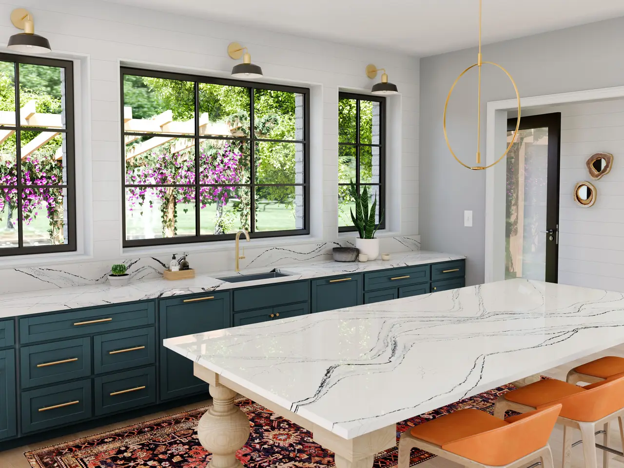 Cambria Portrush — white quartz on teal cabinets with garden views
