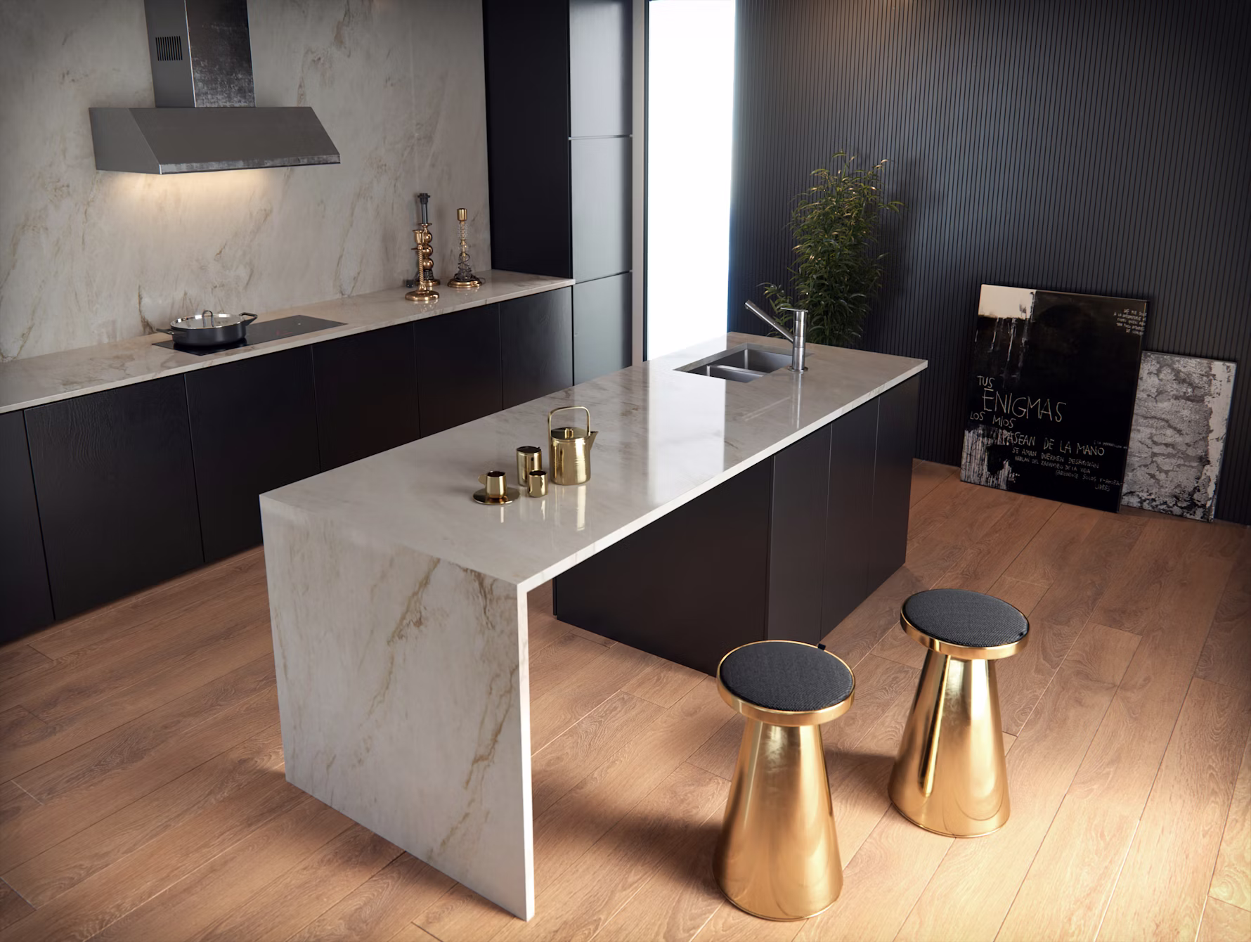 Sensa Taj Mahal — warm quartzite in bright coastal kitchen