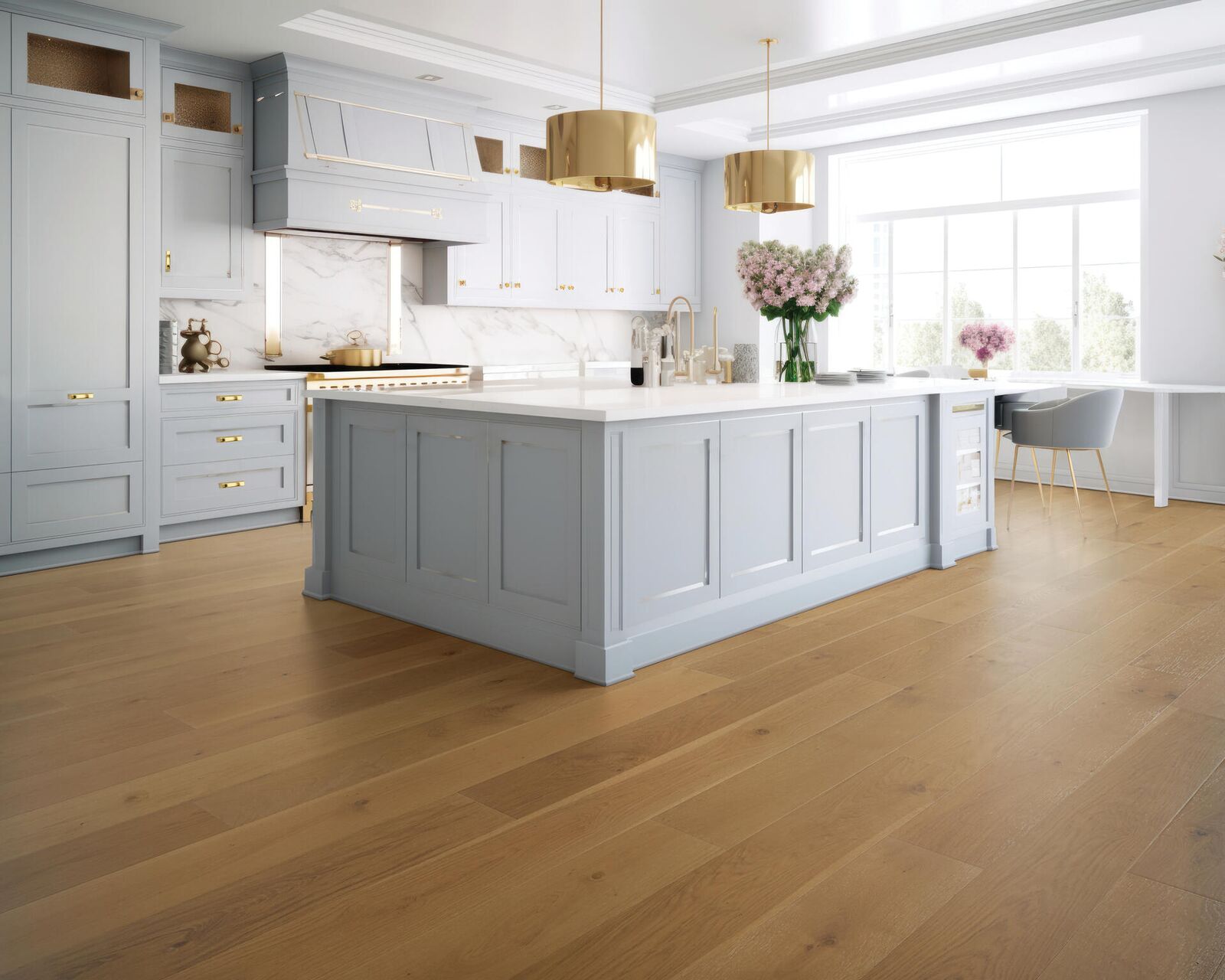Hardwood — honey oak in luxury blue-grey and gold kitchen