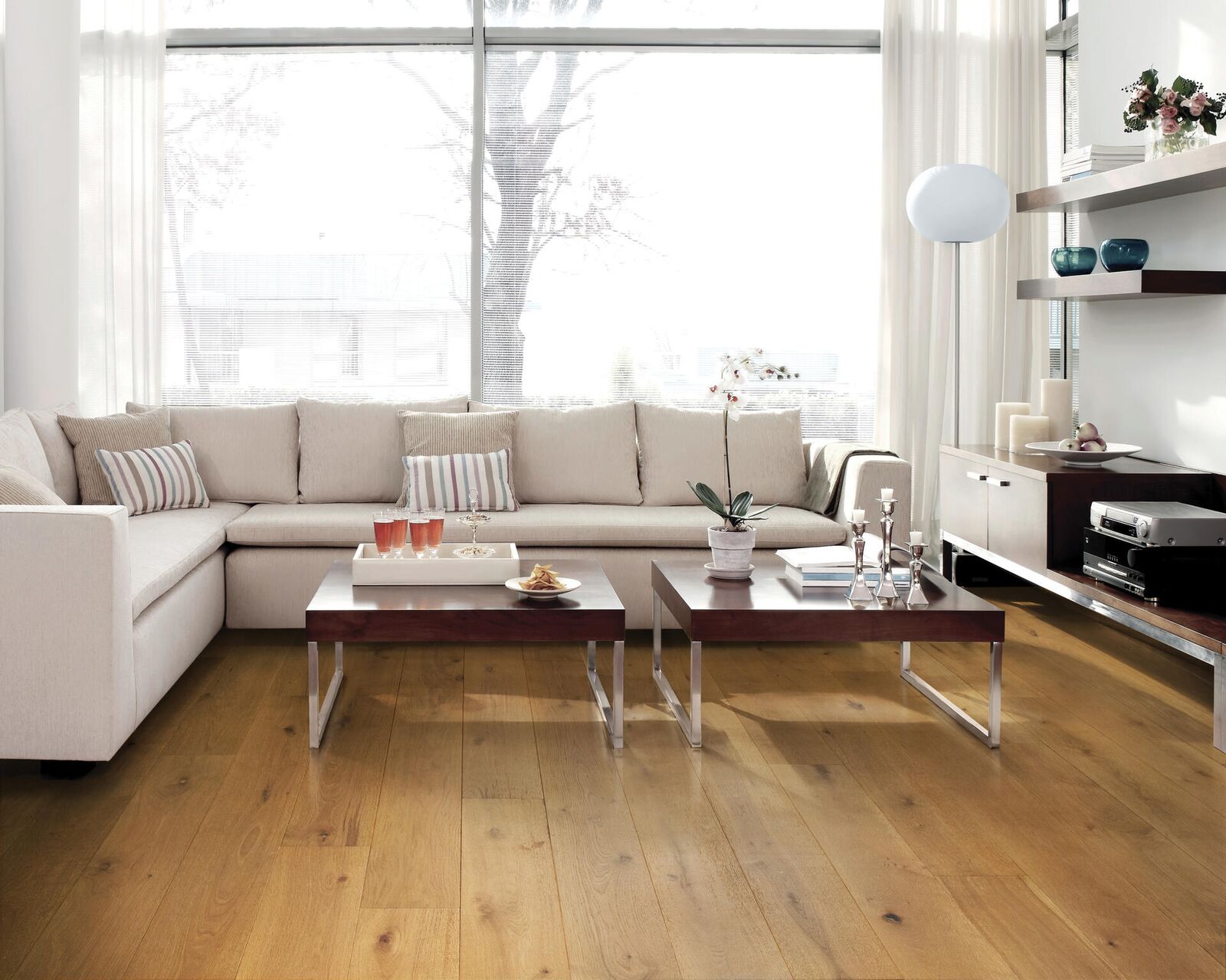 Hardwood — golden oak in bright contemporary living room