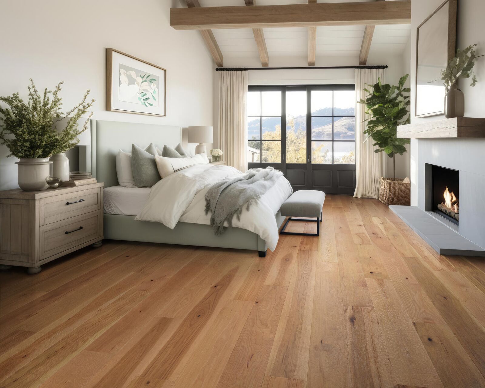 Hardwood — warm oak in coastal mountain-view master bedroom