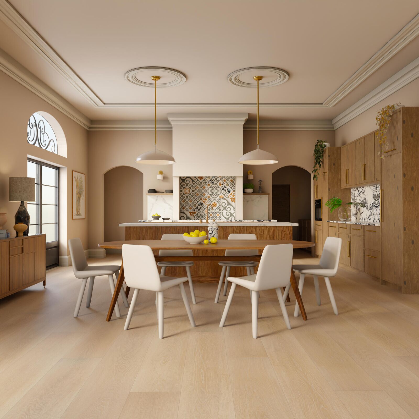 RevWood® — white oak laminate in elegant dining room