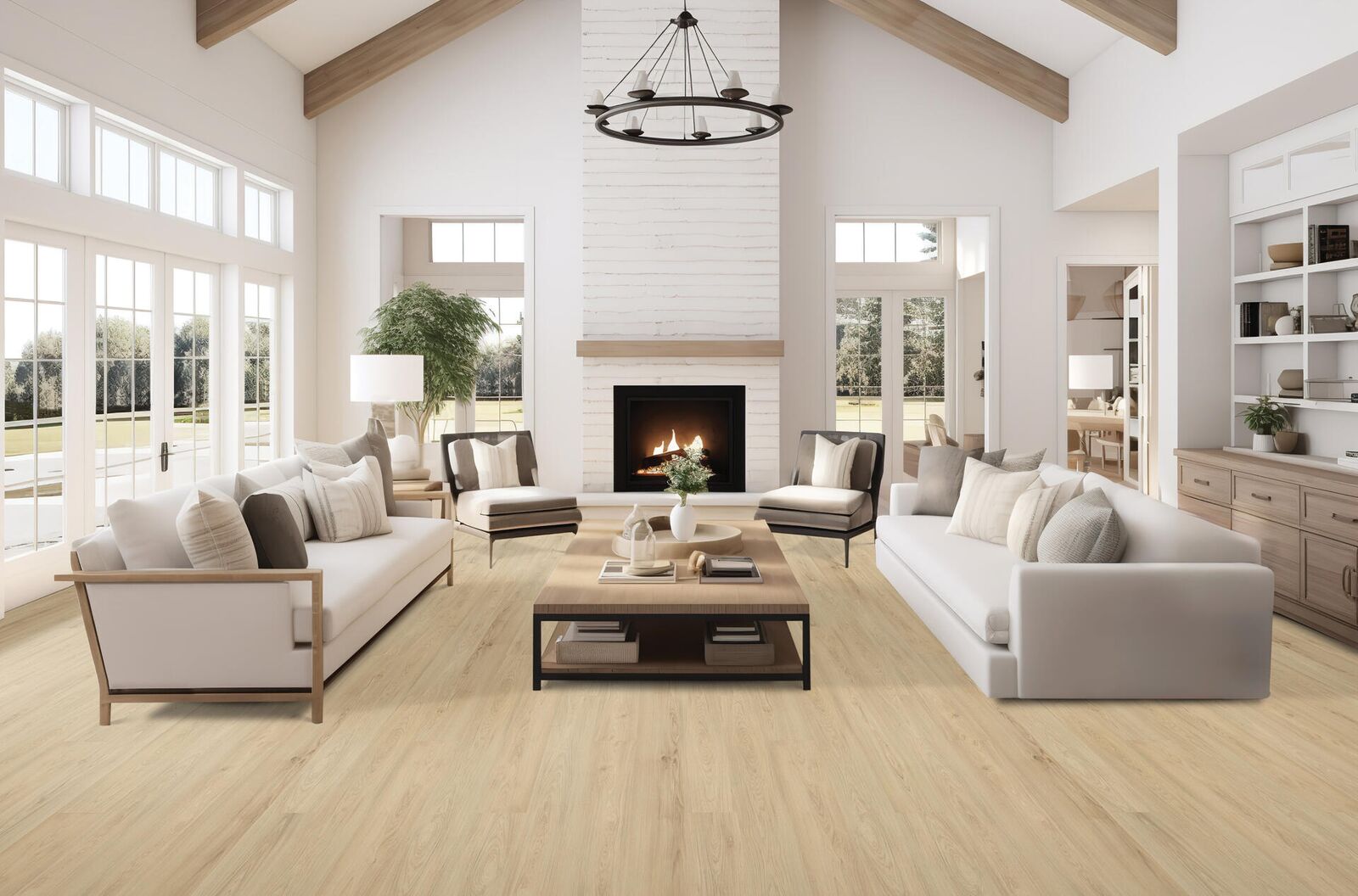 LVP — vaulted farmhouse great room with fireplace