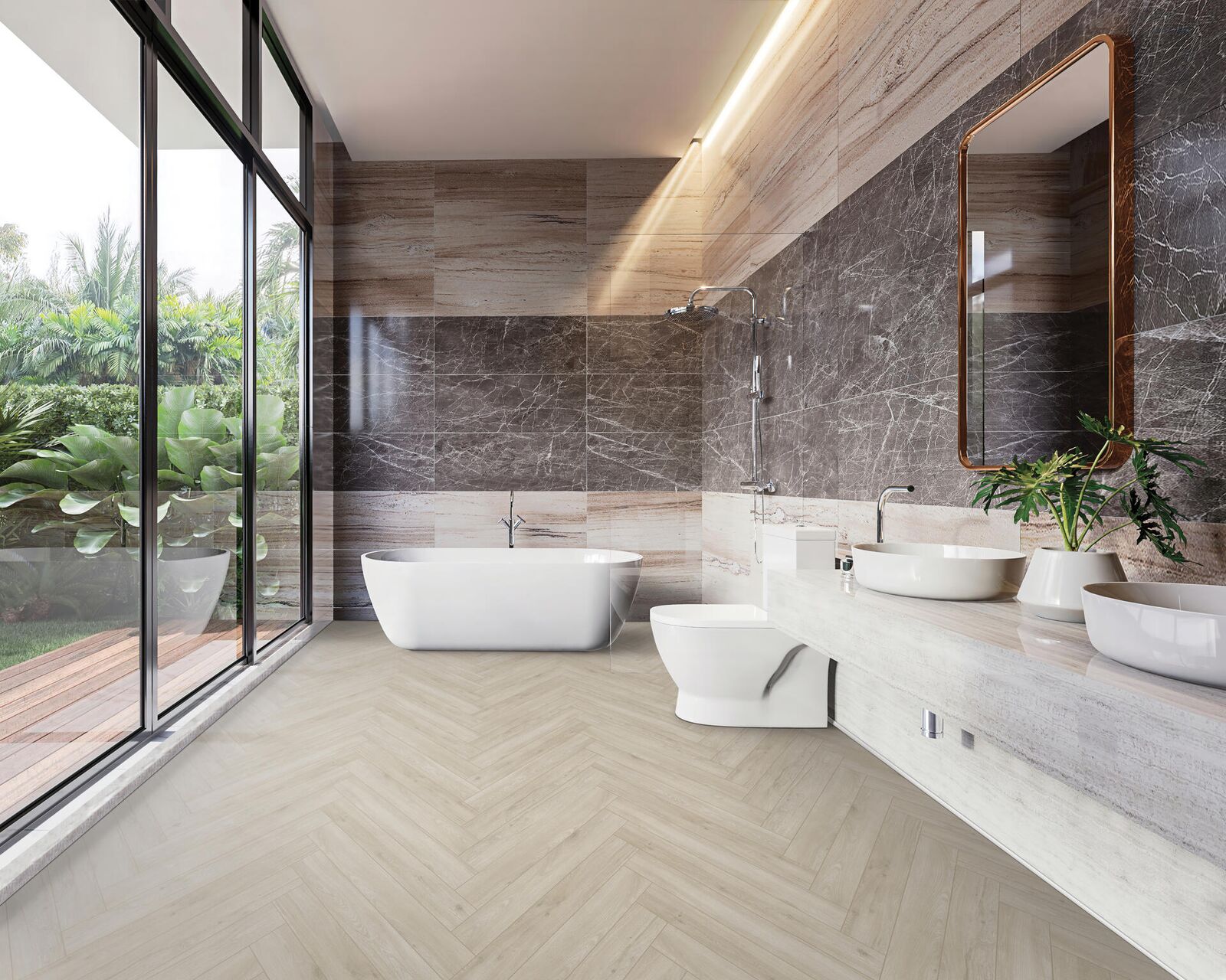 LVT herringbone — luxury master bathroom