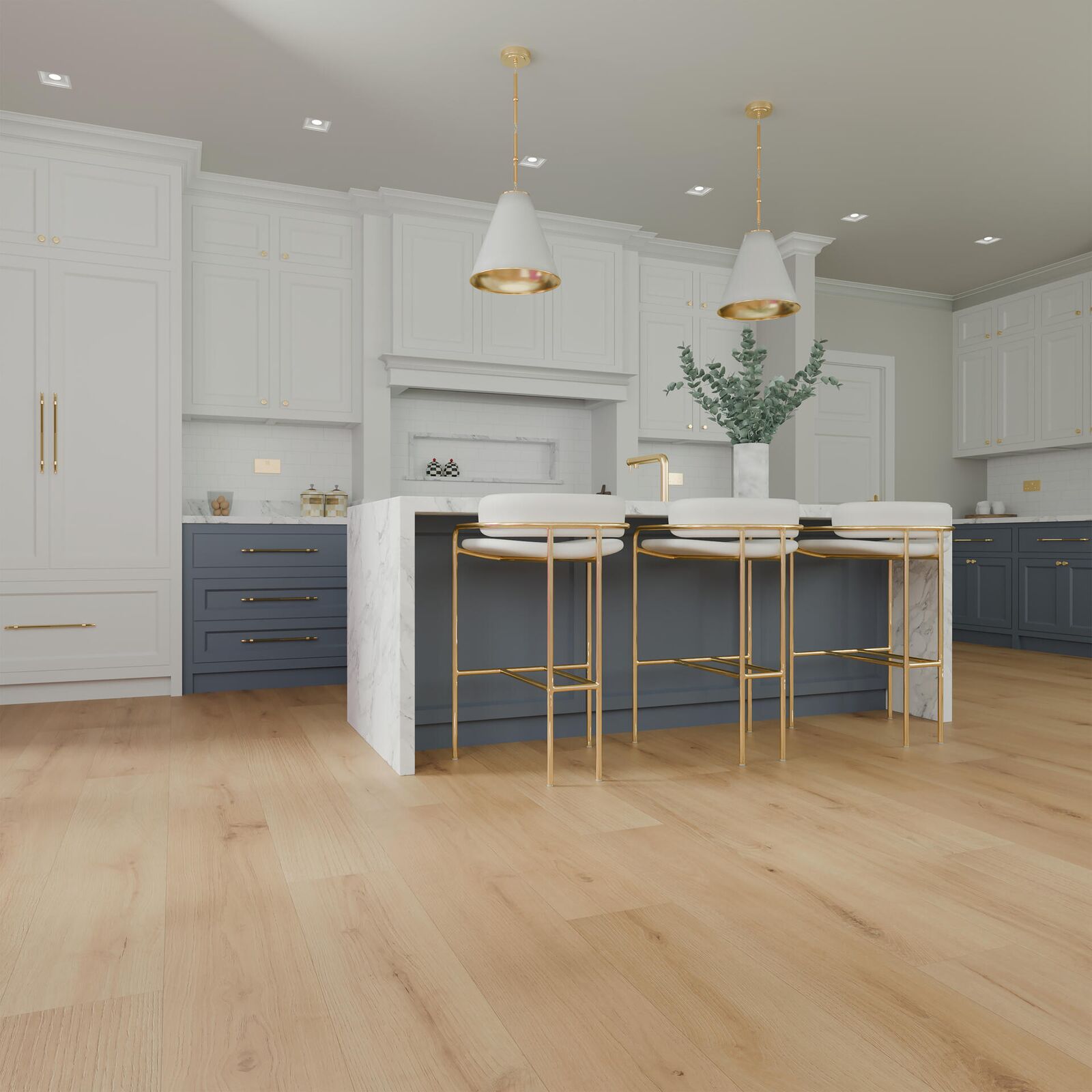 LVP — designer kitchen with navy and white cabinetry