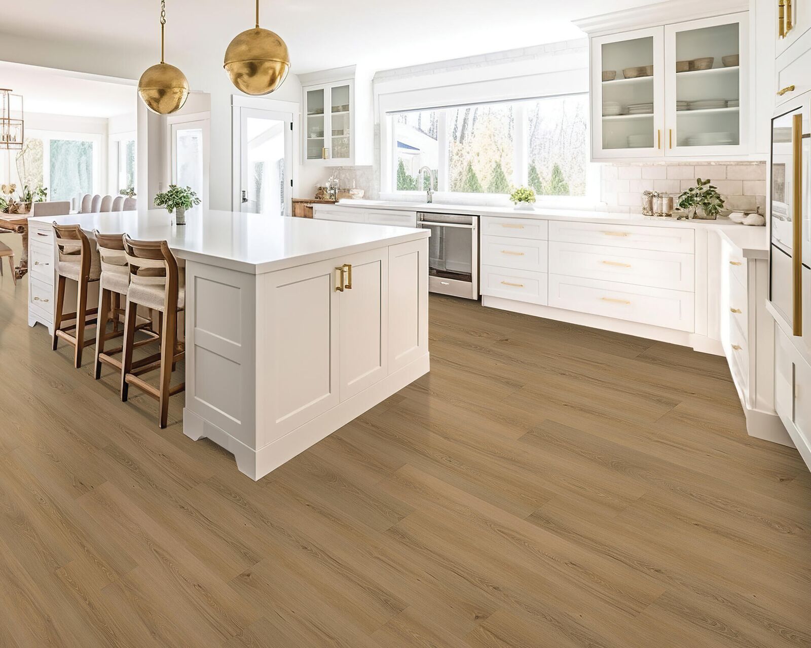 LVP — bright white kitchen with gold accents