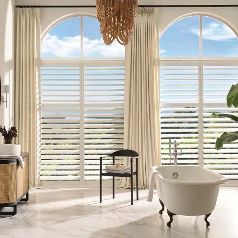 Palm Beach Polysatin Shutters, Polysatin White Living Room